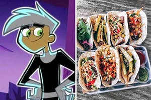 Danny Phantom is on the left with a tray of tacos on the right