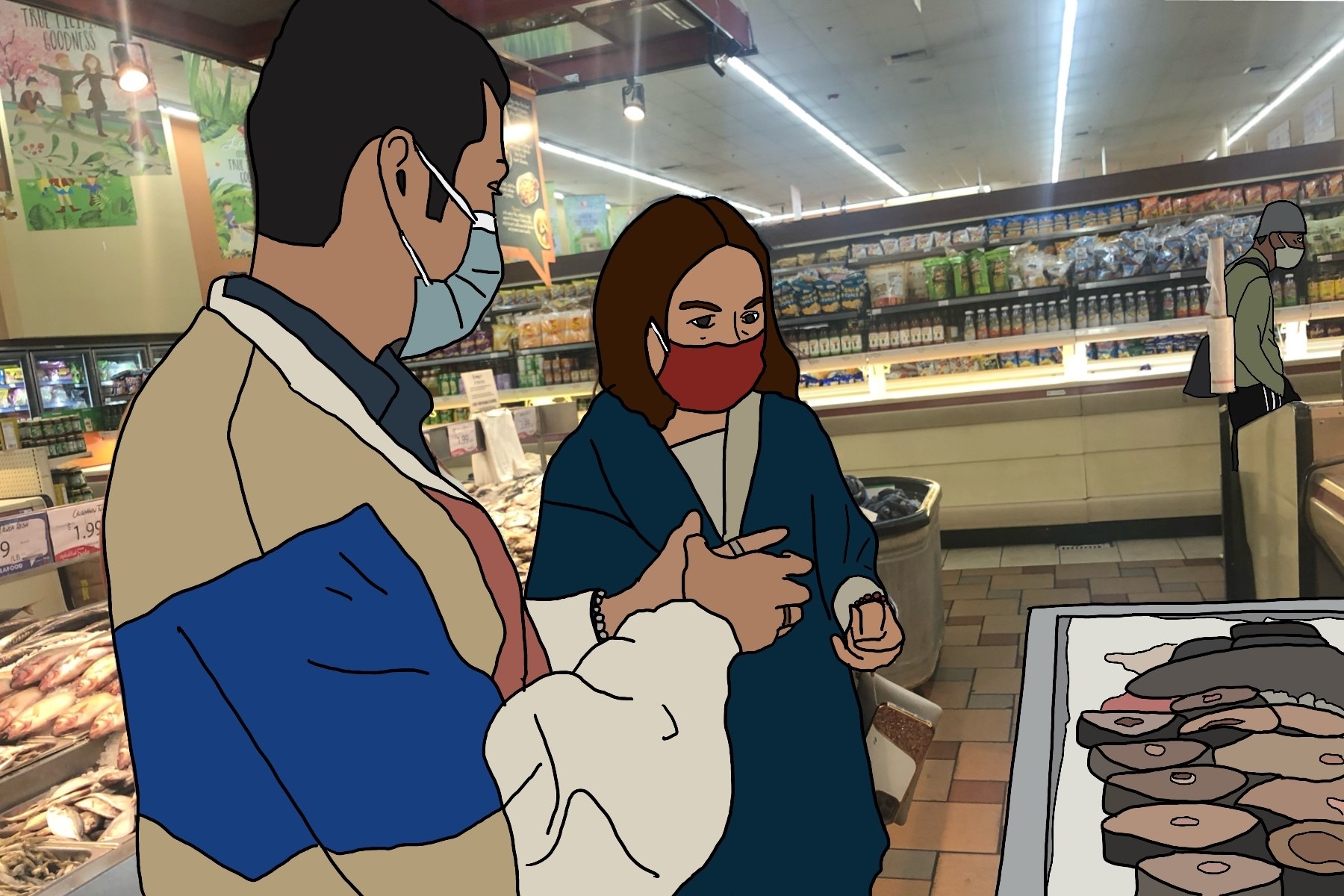 Illustration of a young man with an older woman looking at fish in a grocery store