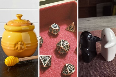 left: yellow ceramic honey pot with dipper. middle: Reviewer photo of dungeons and dragons dice. right: reviewer photo of black and white hugging salt shakers.