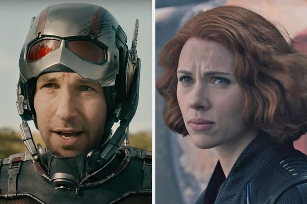 On the left, Paul Rudd as Ant-Man, and on the right, Scarlett Johansson as Black Widow