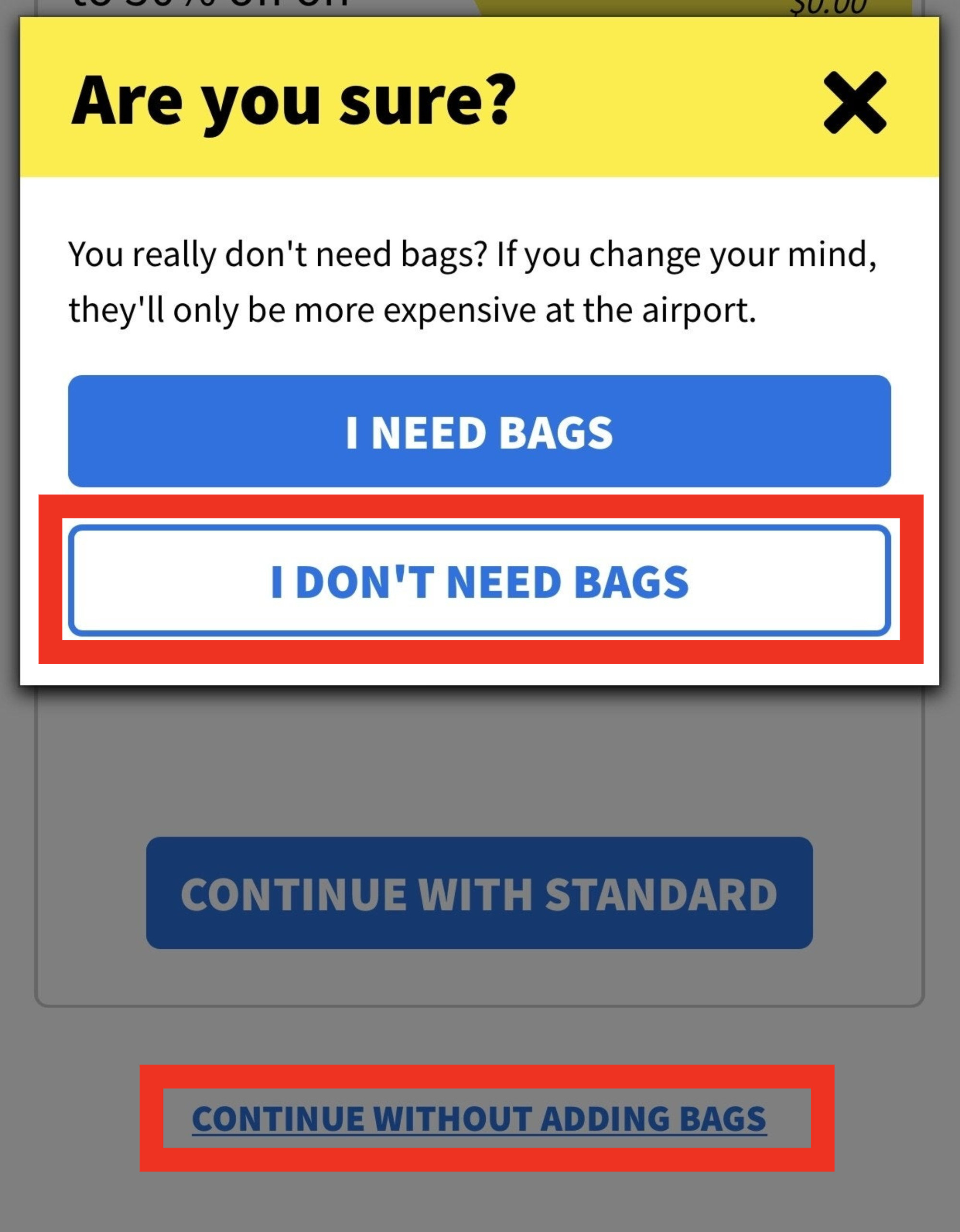 Spirit airlines &quot;continue without bags&quot; notification