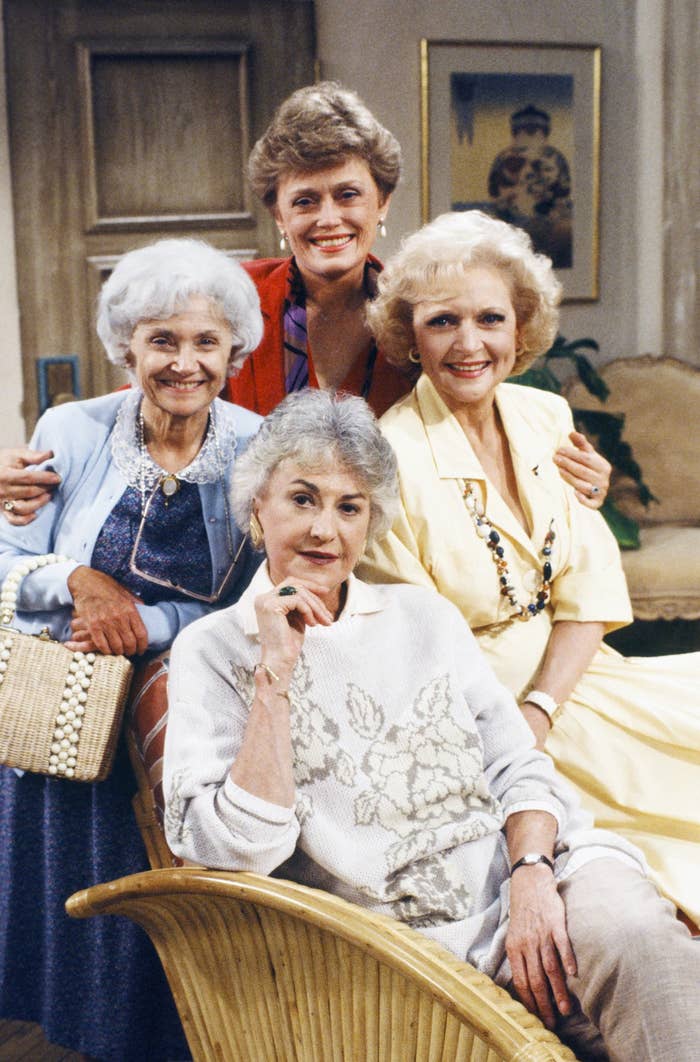 (clockwise from left) Actors Estelle Getty as Sophia Petrillo, Rue McClanahan as Blanche Devereaux, Betty White as Rose Nylund, and Bea Arthur as Dorothy Zbornak on the set of &quot;The Golden Girls&quot;