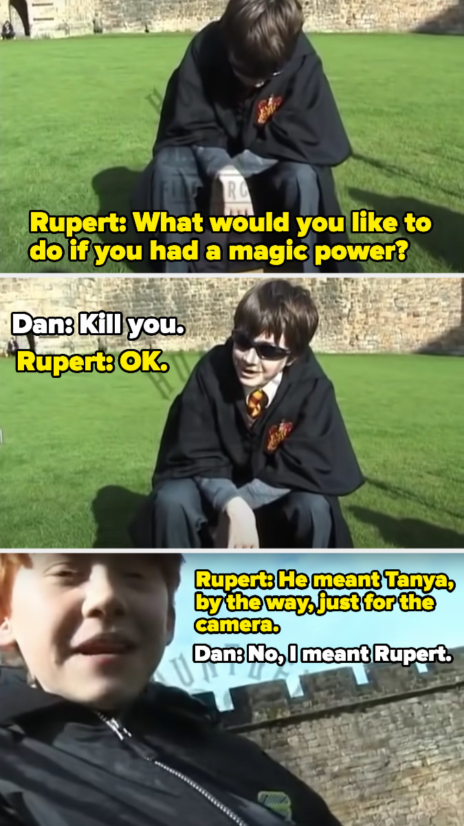 Dan and Rupert arguing over what Dan said while sitting on Quidditch pitch