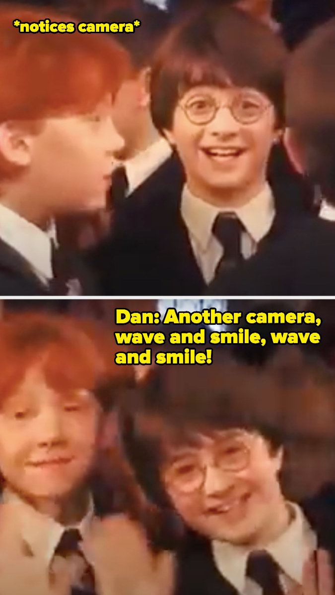 Dan and Rupert noticing the director filming and smiling and waving