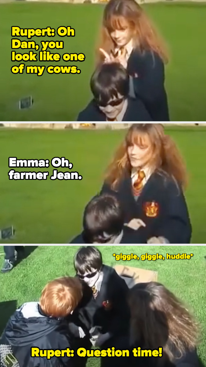 Emma giving Dan bunny ears and then the camera panning back to Rupert