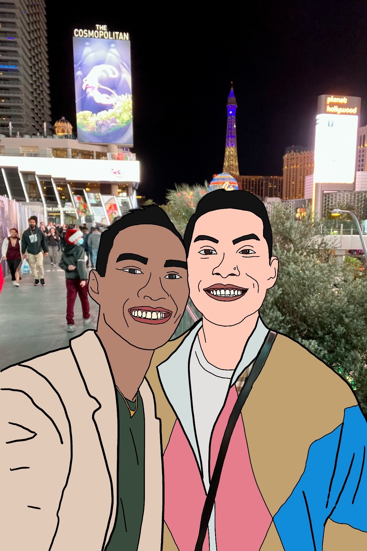 Illustration of author Pernell Quilon and boyfriend against a real picture of Las Vegas