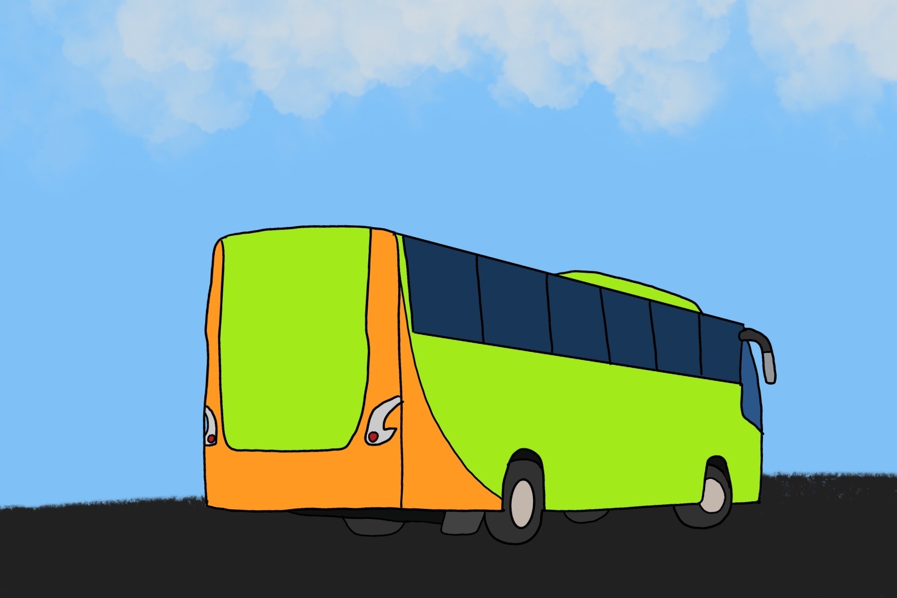 A large green bus driving away
