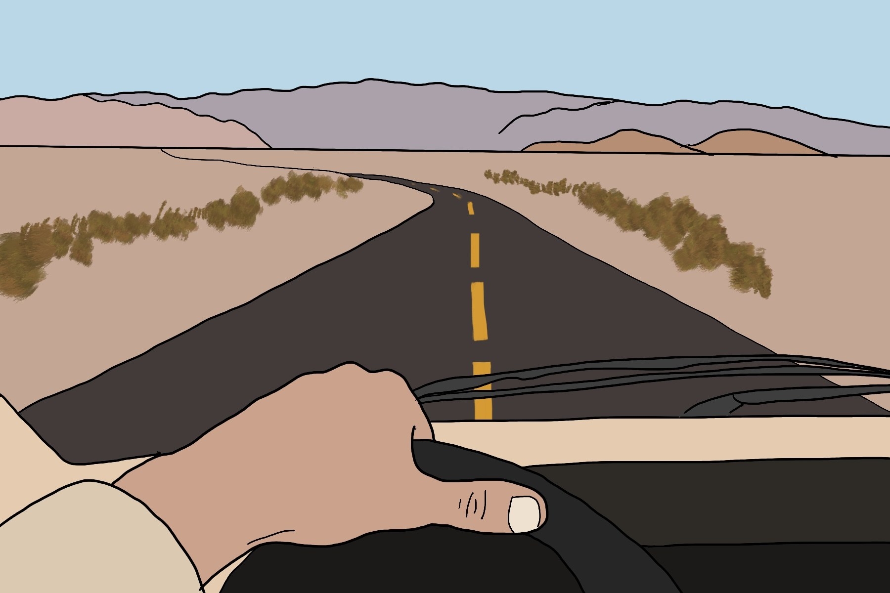 Point of view of a driver driving through the desert