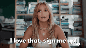 Jennifer Lopez spreading hands and saying &quot;I love that, sign me up!&quot;