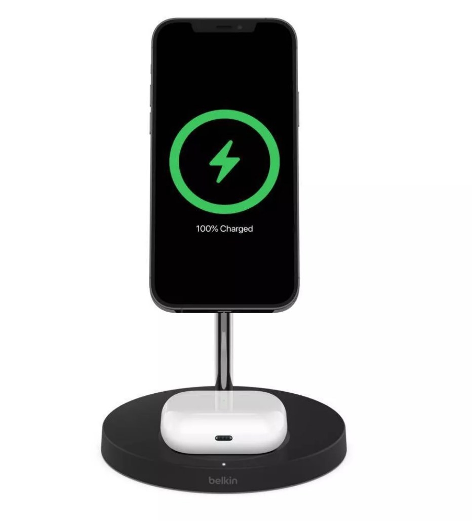 A black wireless charging station for an iPhone and AirPods