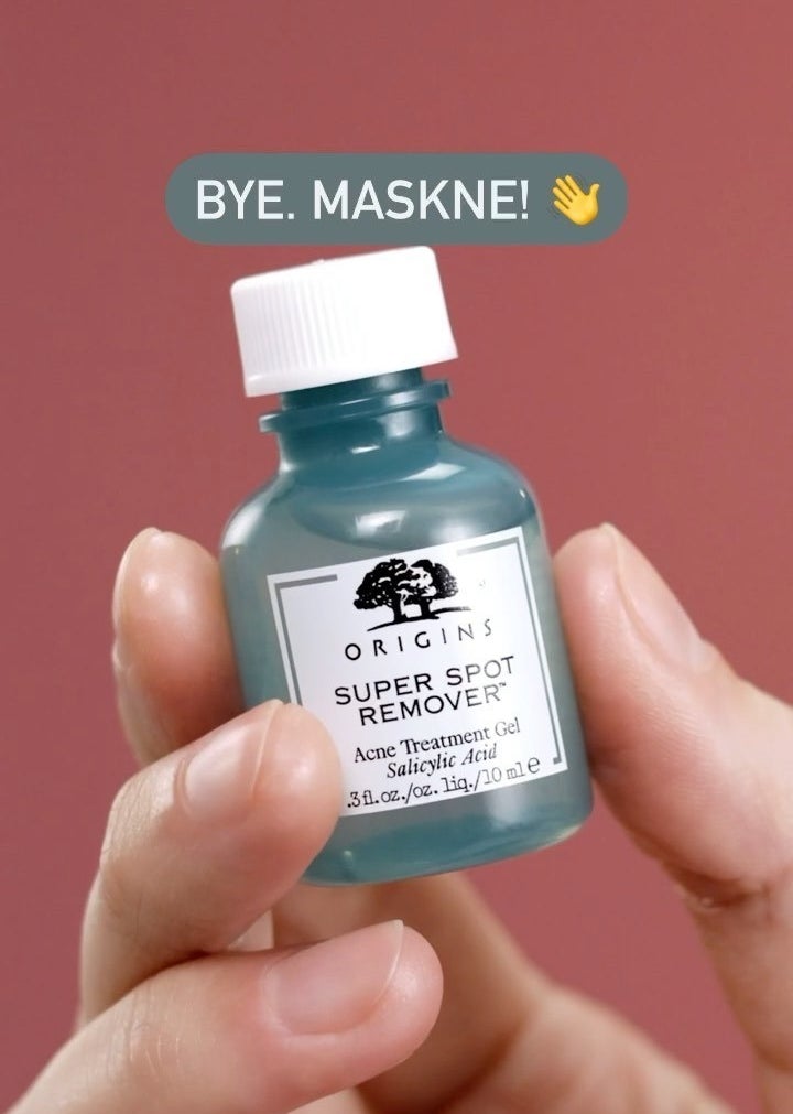 someone holding up a bottle of the acne gel with a caption, bye maskne!