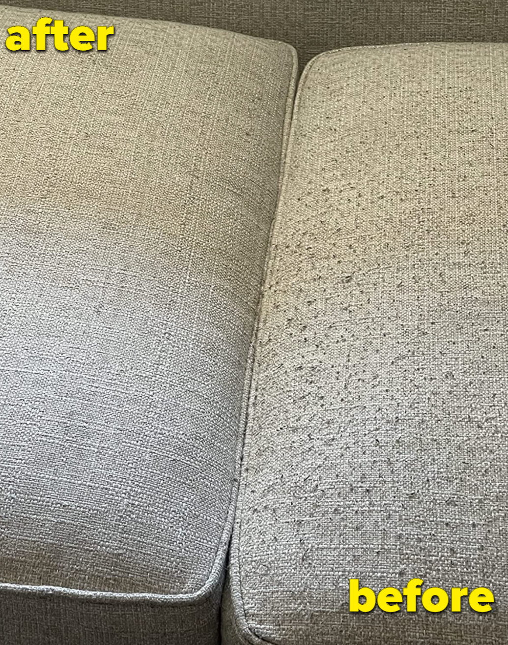 picture of reviewer's couch cushions before and after using the fabric defuzzer