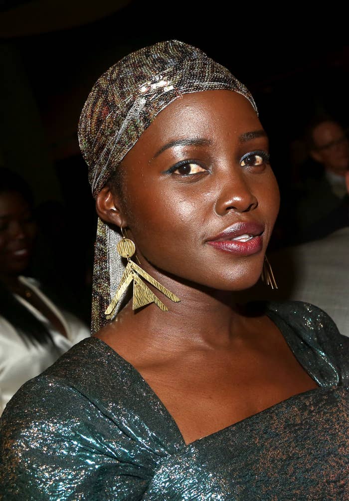 Lupita Nyong&#x27;o at the opening night of Nollywood Dreams rocking a sequined silk scarf