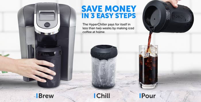 demonstration of hyperchiller in use with text &quot;save money in three easy steps the hyperchiller pays for itself in less than two months by making iced coffee at home. brew chill pour&quot;