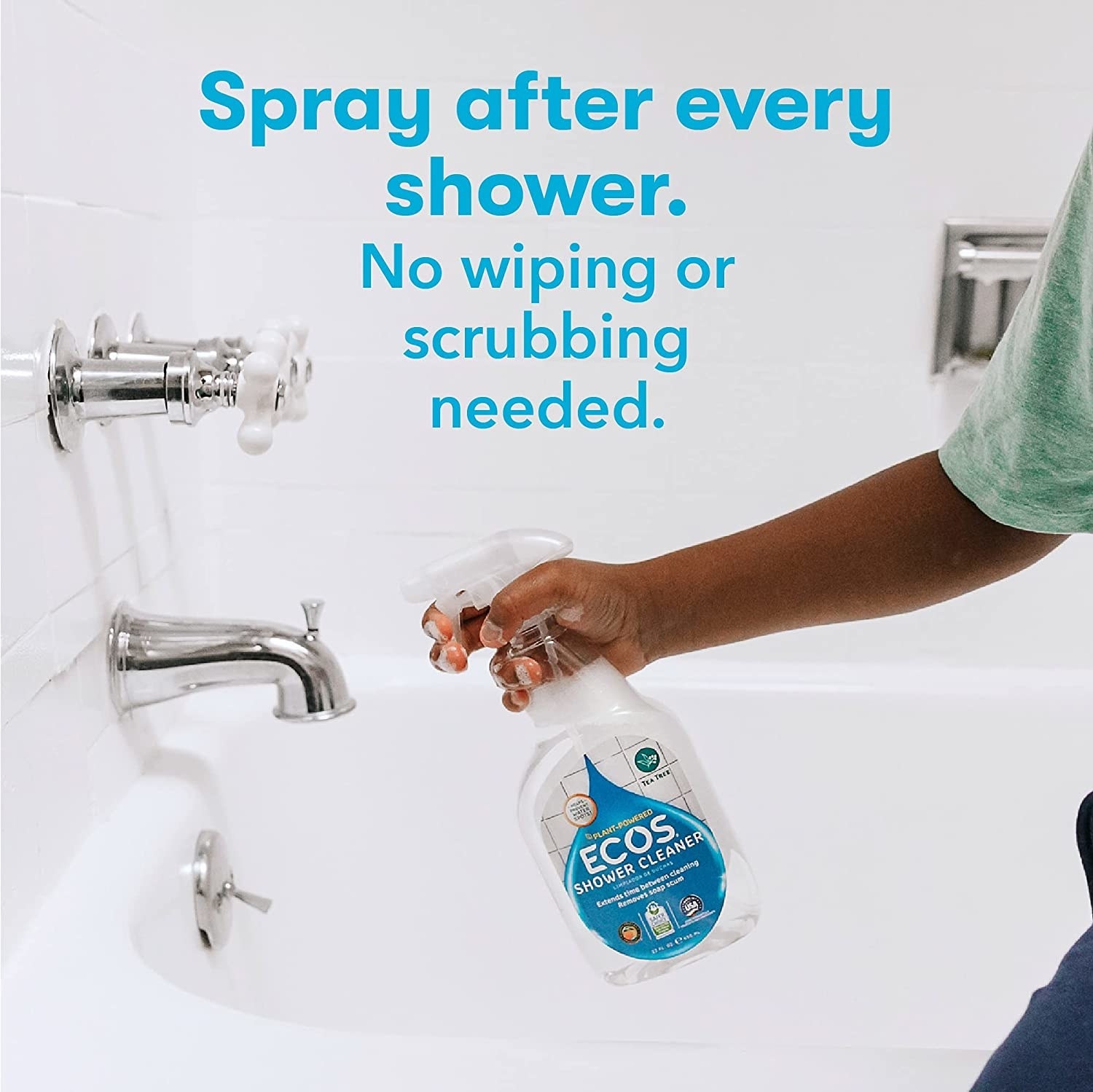 a model spraying the shower cleaner onto a bathtub