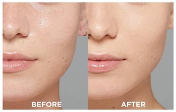 A before and after photo showing the result of smooth skin with the primer