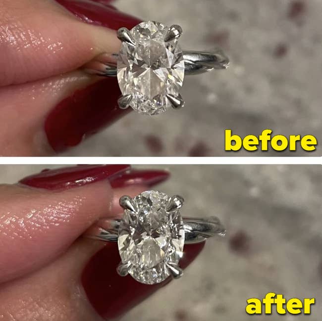 a before and after photo of a reviewer's diamond ring after using the jewelry cleaning pen