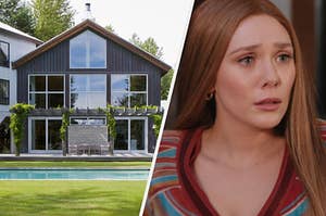 A small house with many big windows and a close up of Wanda Maximoff with long hair
