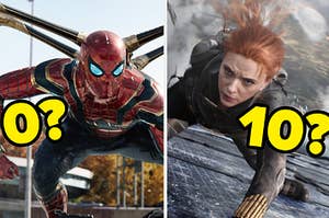 Spider-Man wears his robotic spider suit and Natasha Romanoff hangs off a falling building