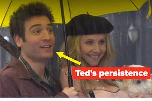 ted holds an umbrella over stella's head in the rain