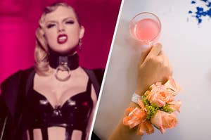 Taylor Swift wears a dark latex body suit and a hand holds a small cup of punch