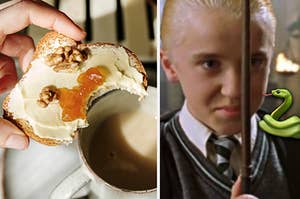 A hand holds a piece of buttered toast with a bite taken out and a close up of Draco Malfoy as he holds a wand to his face