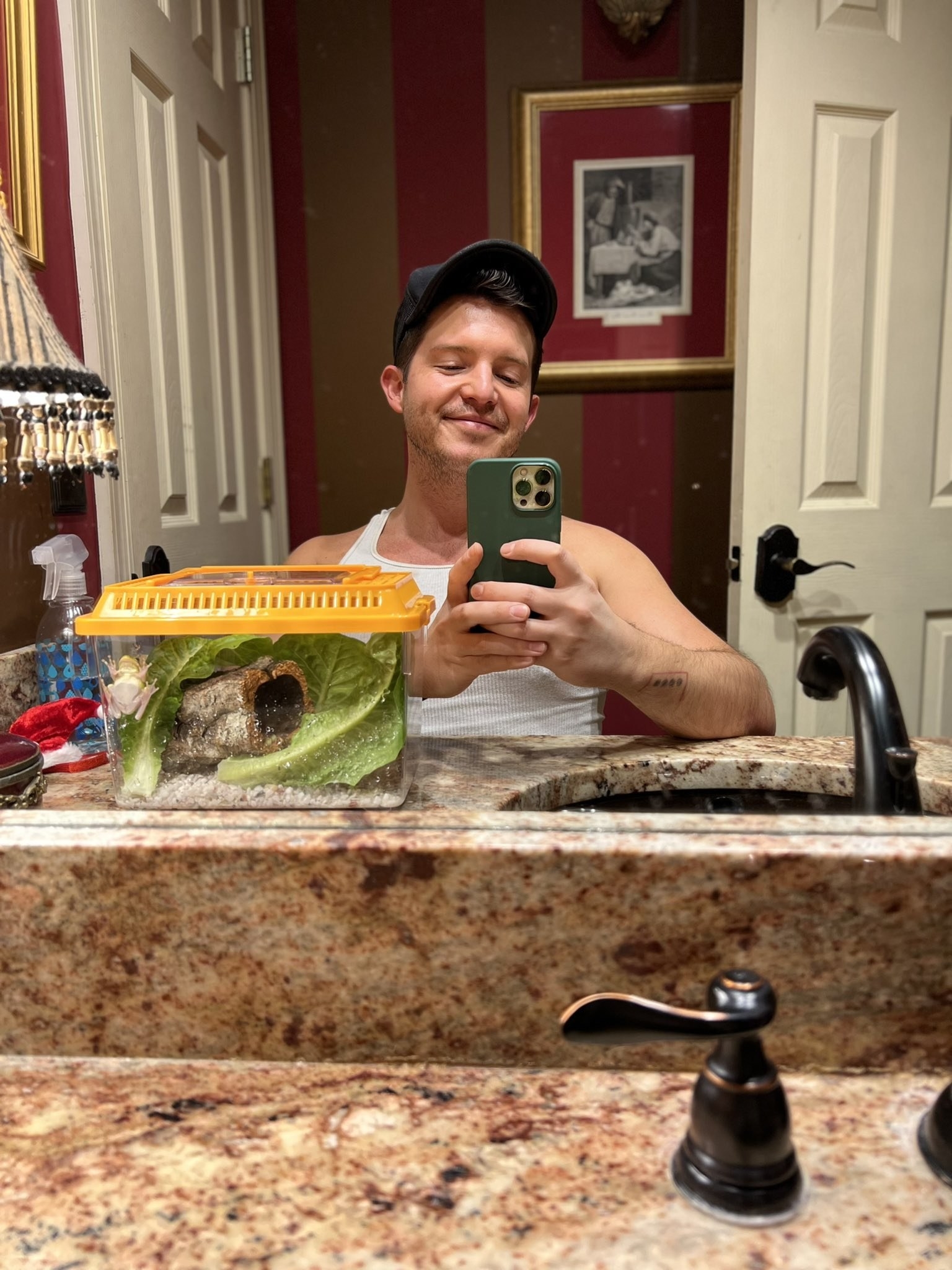 Simon wearing a baseball cap and taking a mirror selfie