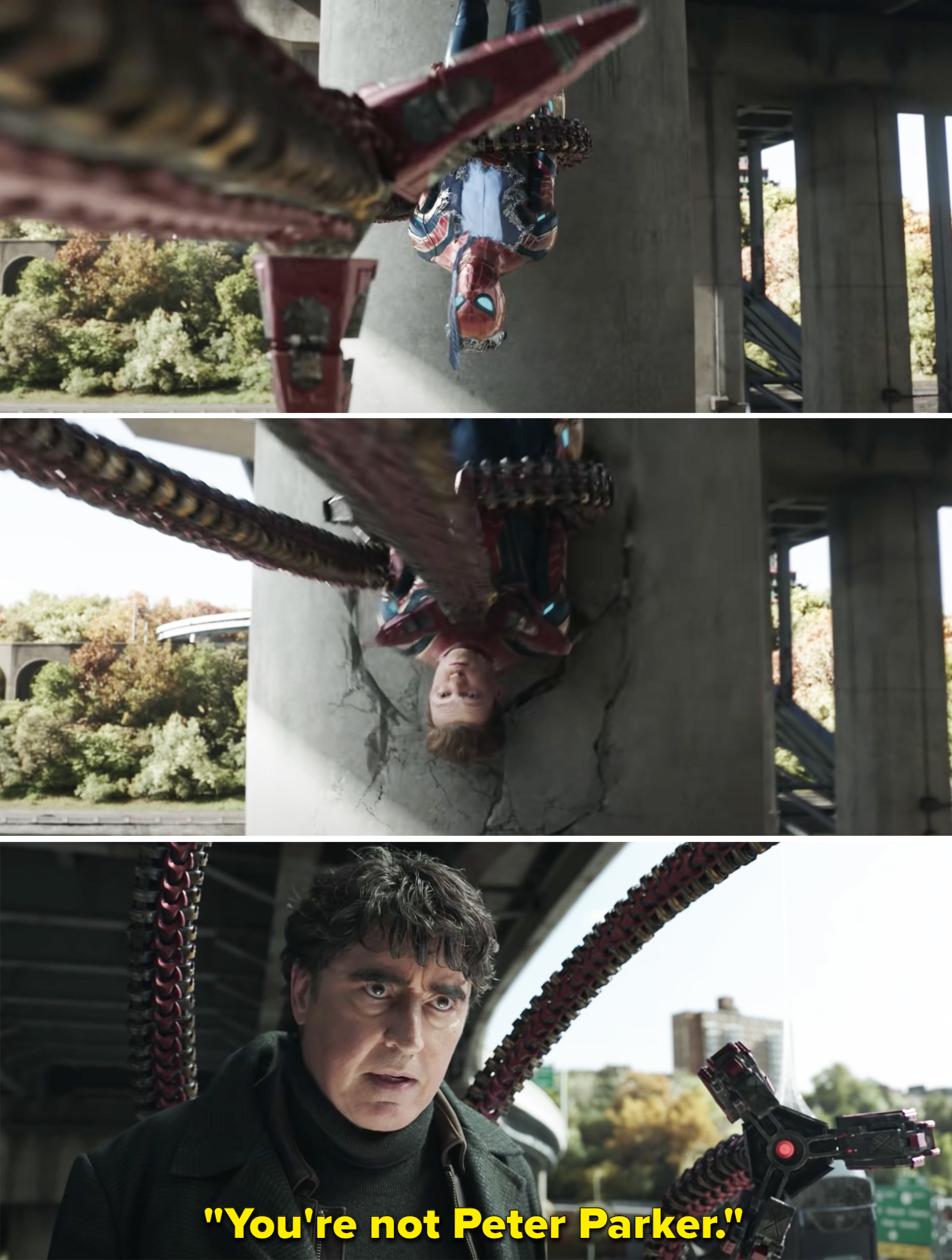 Doc Ock crushing Peter against a pillar and saying, &quot;You&#x27;re not Peter Parker&quot;