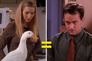 Phoebe is on the left with a duck while Chandler is on the right looking down