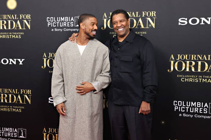 Michael and Denzel smiling at the premiere of A Journal for Jordan