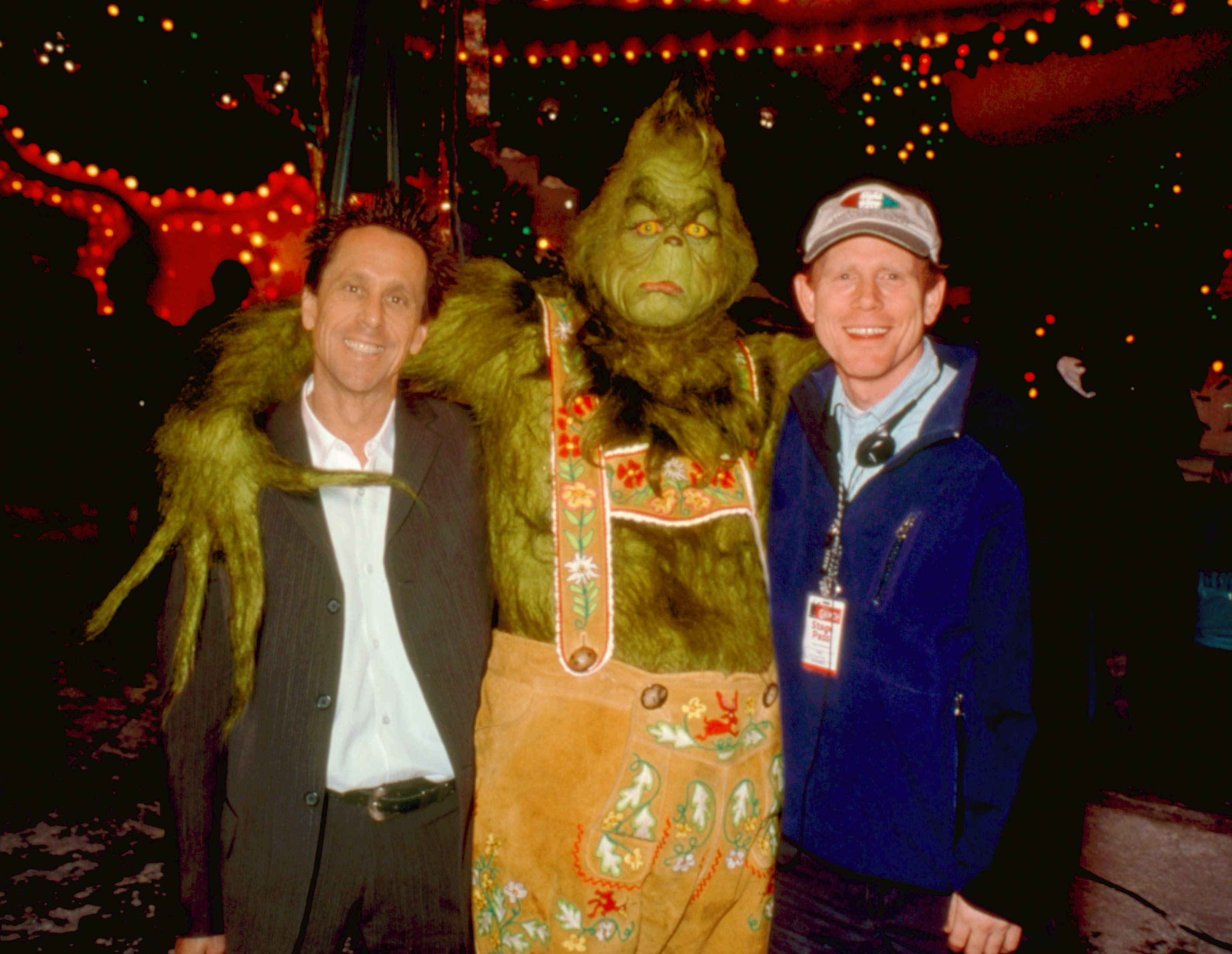 Brian Grazer, Carrey in his Grinch costume, and Ron Howard