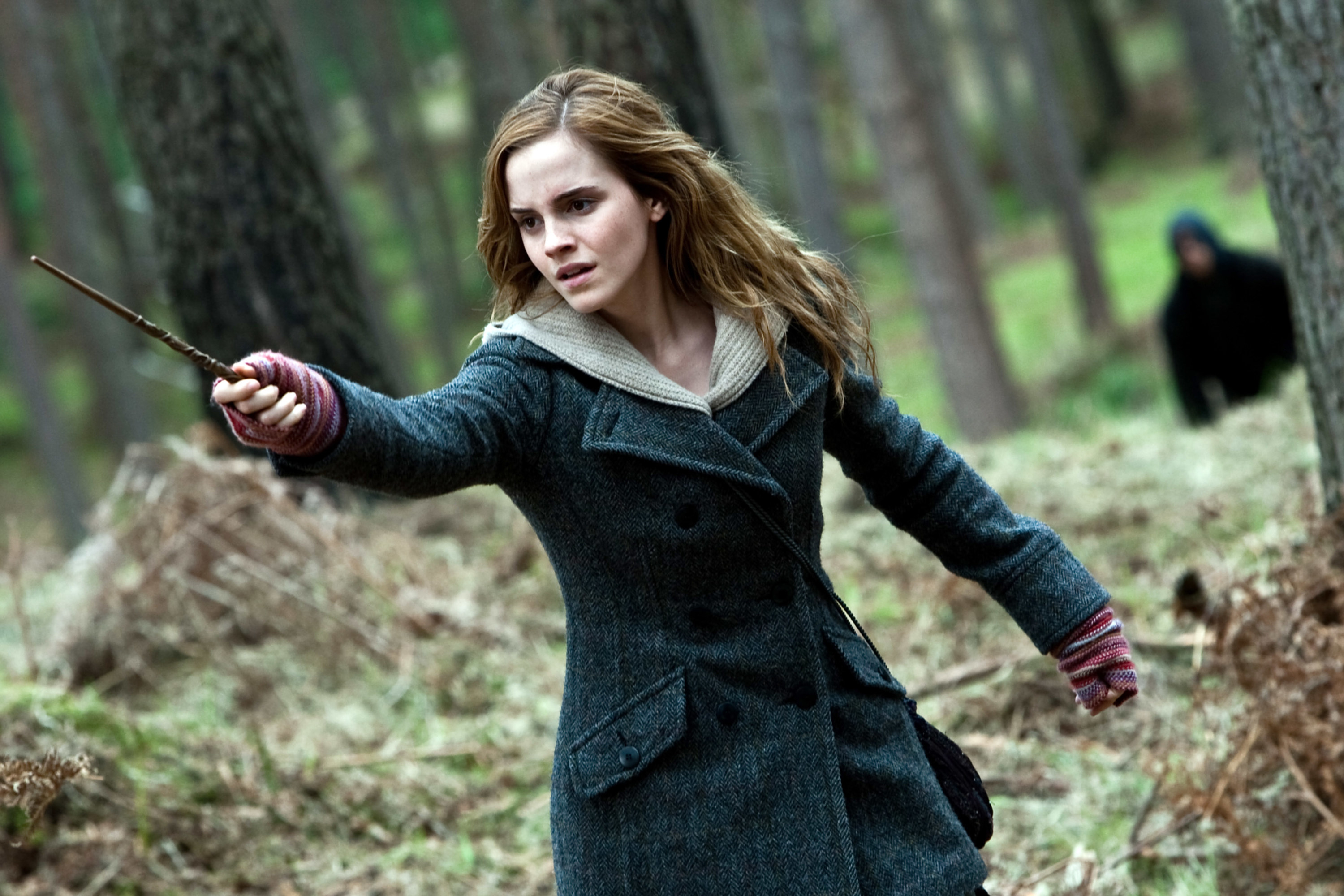 Hermione points her wand at someone in the woods