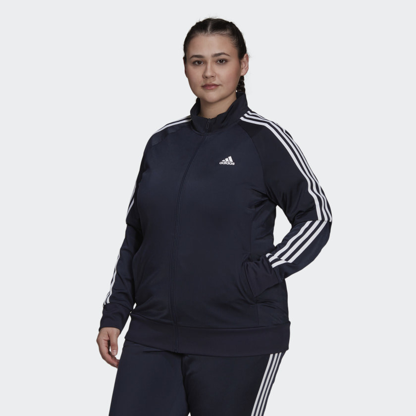 An image of a model wearing a plus-size track jacket