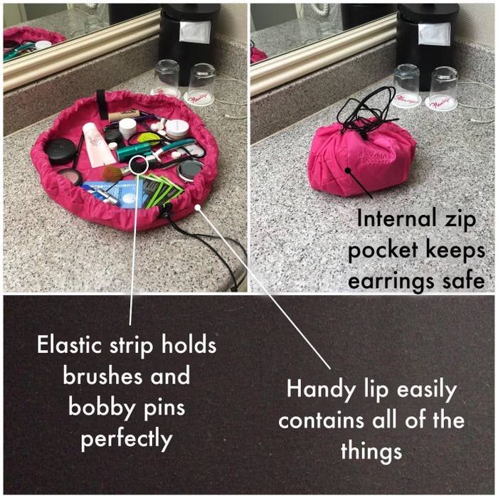 pink bag unfurled with text reading &quot;elastic strip holds brushes and bobby pins perfectly&quot; and &quot;handy lip easily contains all of the things&quot; then the pouch closed with text &quot;internal zip pocket keeps earrings safe&quot;