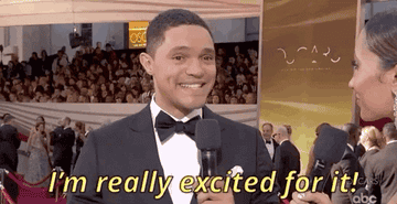 Trevor Noah saying &quot;I&#x27;m really excited for it&quot; on the red carpet