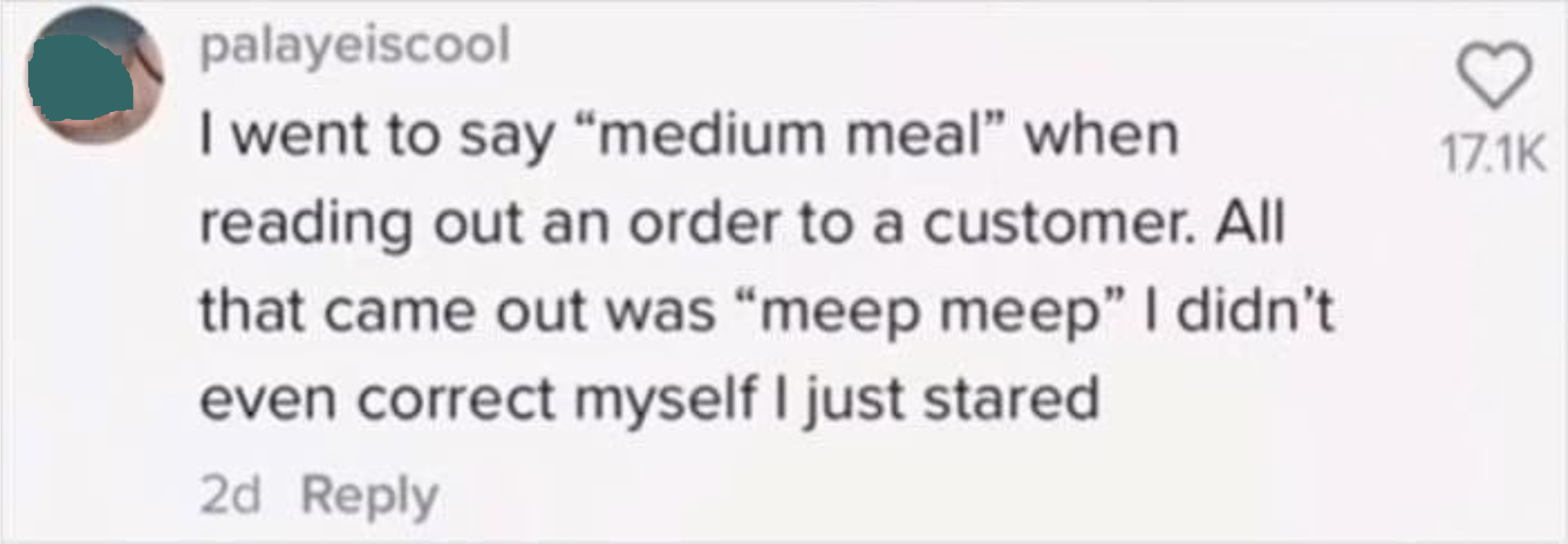 person saying meep meep instead of medium meal