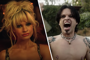 Lily James as Pamela Anderson and Sebastian Stan as Tommy Lee in "Pam & Tommy"