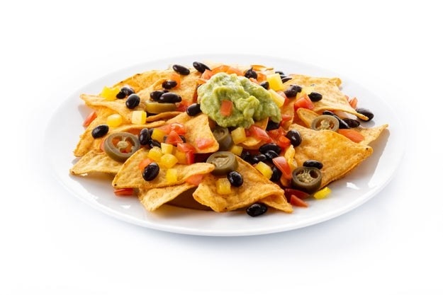 Stock images of nachos on a white plate