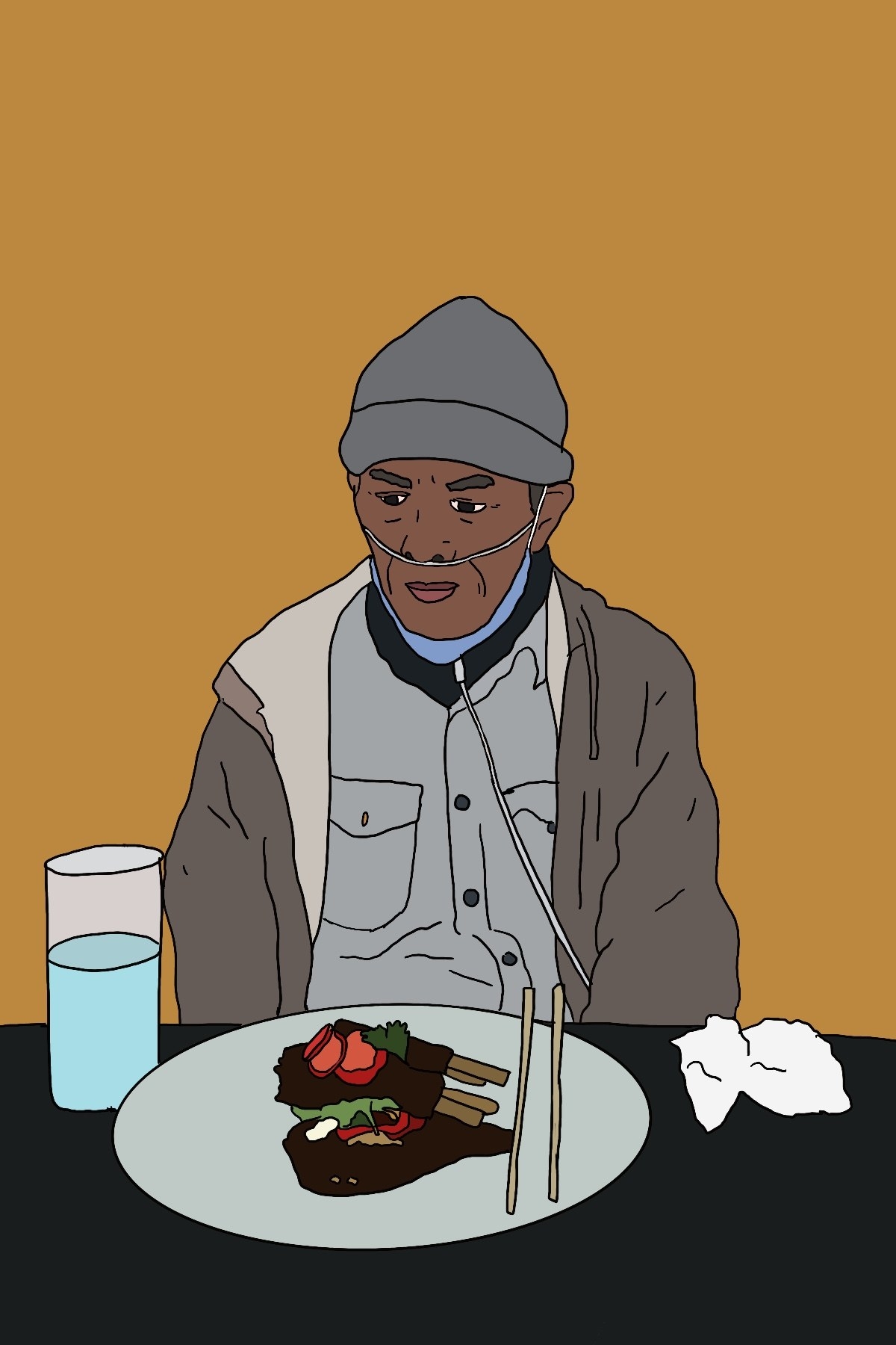 Illustration of an older man with lamb ribs and a half empty glass of water in front of him