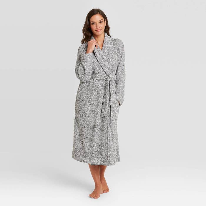 model wearing long gray chenille robe with tie waist