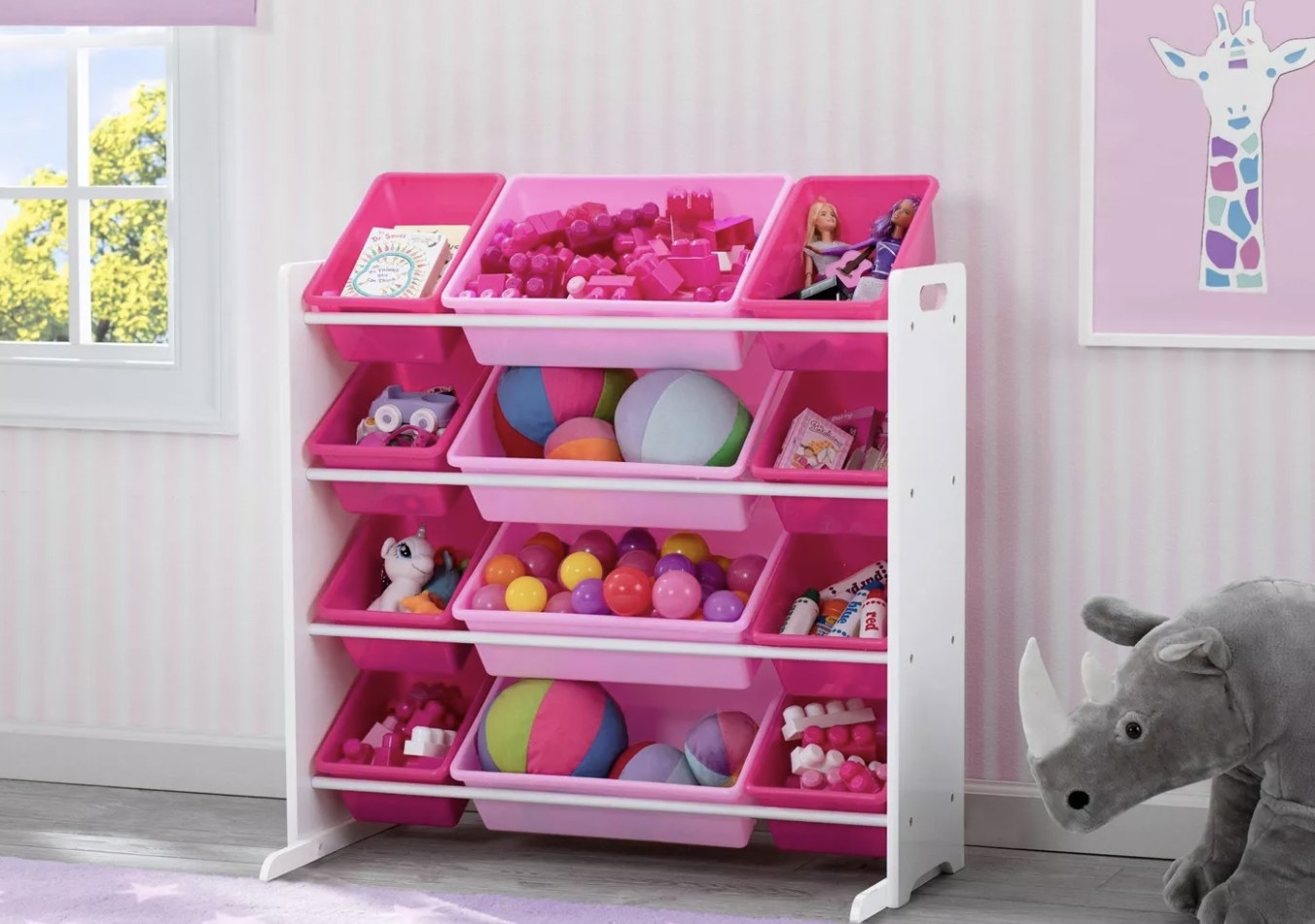 Pink toy storage system with bins