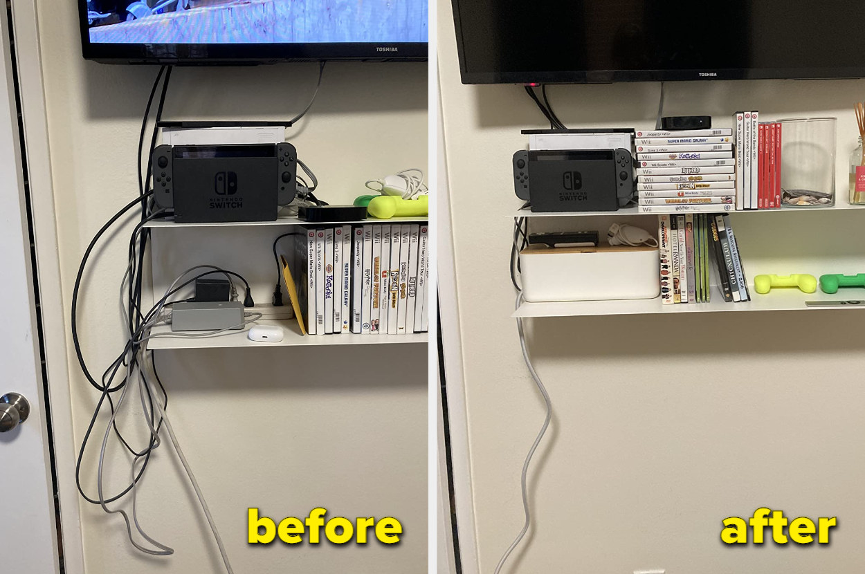on left: messy cable cords on a shelf. on right: same shelf neater with all the cords placed inside a white box