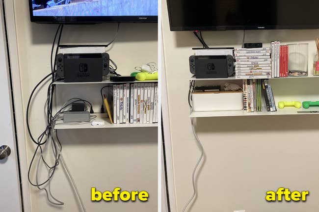 A reviewer's shelf full of cords before and after using the organizer