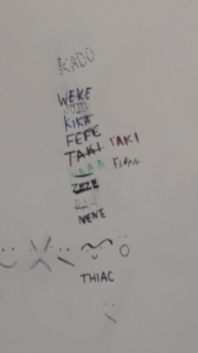 Words written on wall that read: &quot;Kado, weke, kika, fefe, taki&quot;