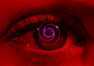 A woman&#x27;s eye with a red filter and swirl animation over it.