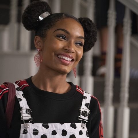 Yara Shahidi with two sleek puffs as Zoey Johnson in &quot;Grown-Ish&quot;