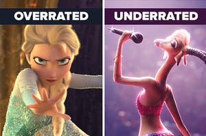 elsa on the left with overrated written over her and giselle from zootopia on the right with underrated written over her
