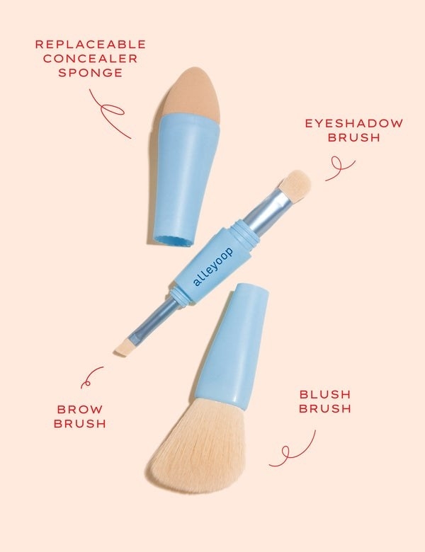 brush that unscrews and adjusts to be a blush, brow, and shadow brush and concealer sponge all in one
