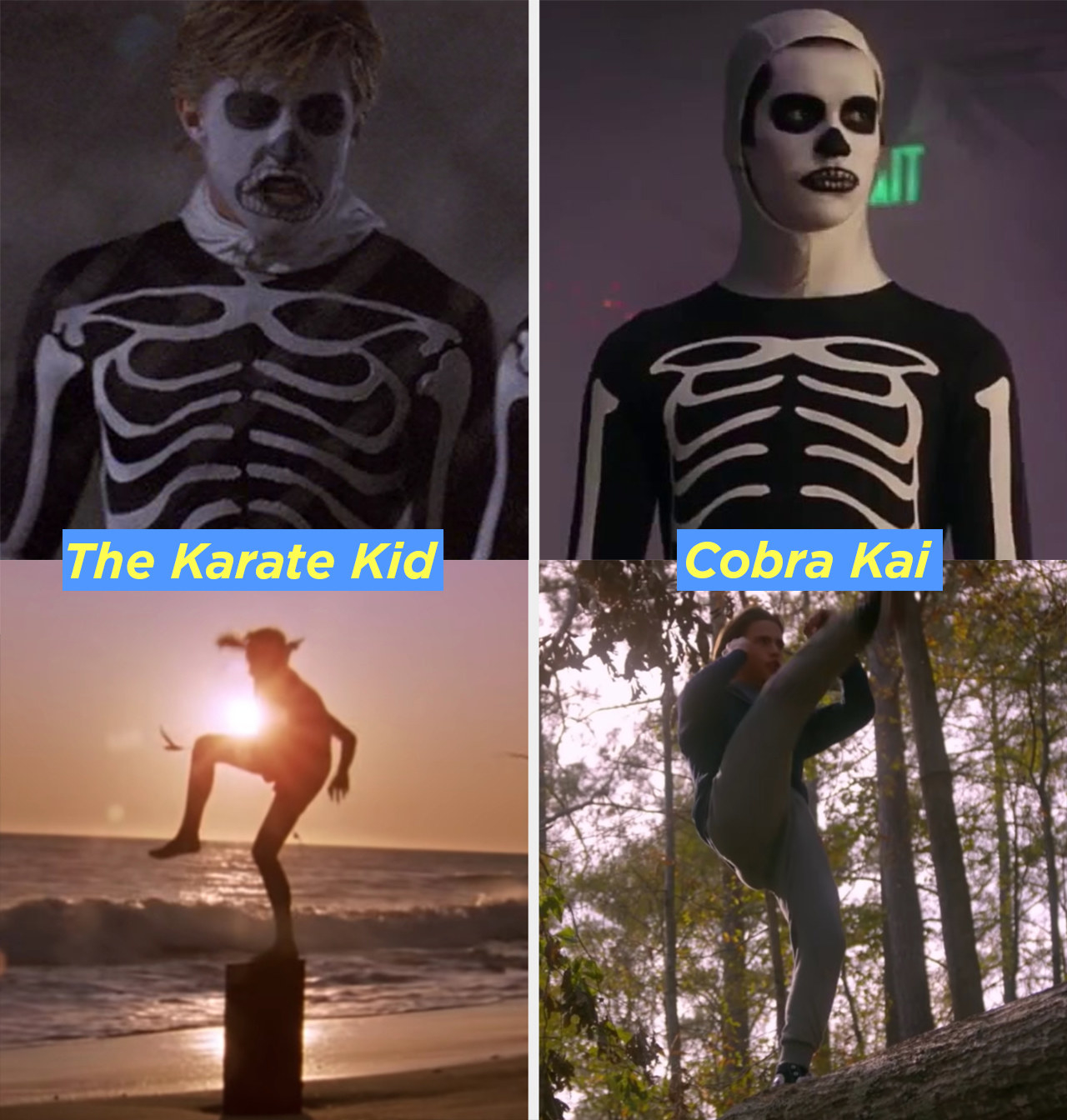 Johnny&#x27;s skeleton costume and Miguel wearing an identical costume, then young Daniel balancing on a stump and Robby balancing on a tree