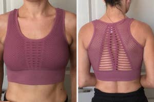 reviewer shown from the front and back in a mauve cutout detail sports bra